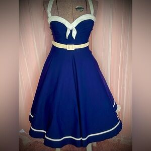 Pinup couture Navy and White full circle skirt sailor Dress!